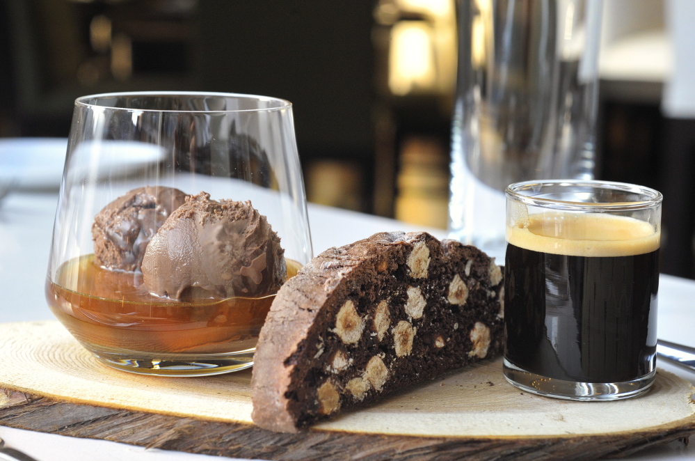 Desserts at C Square, the restaurant at the Westin Portland Harborview Hotel, include the Tipsy Affogato, in which chocolate ice cream is steeped in espresso and amaretto liqueur and accompanied by a housemade chocolate hazelnut biscotti.