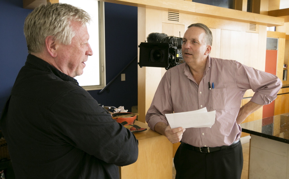 Producer Robert Erickson, right, who will travel to Portland on Wednesday to do interviews for a documentary on the 24 hours before the Sept. 11 attacks, talks with Terry McDermott, author of “Perfect Soldiers: The 9/11 Hijackers: Who They Were, Why They Did It.”
