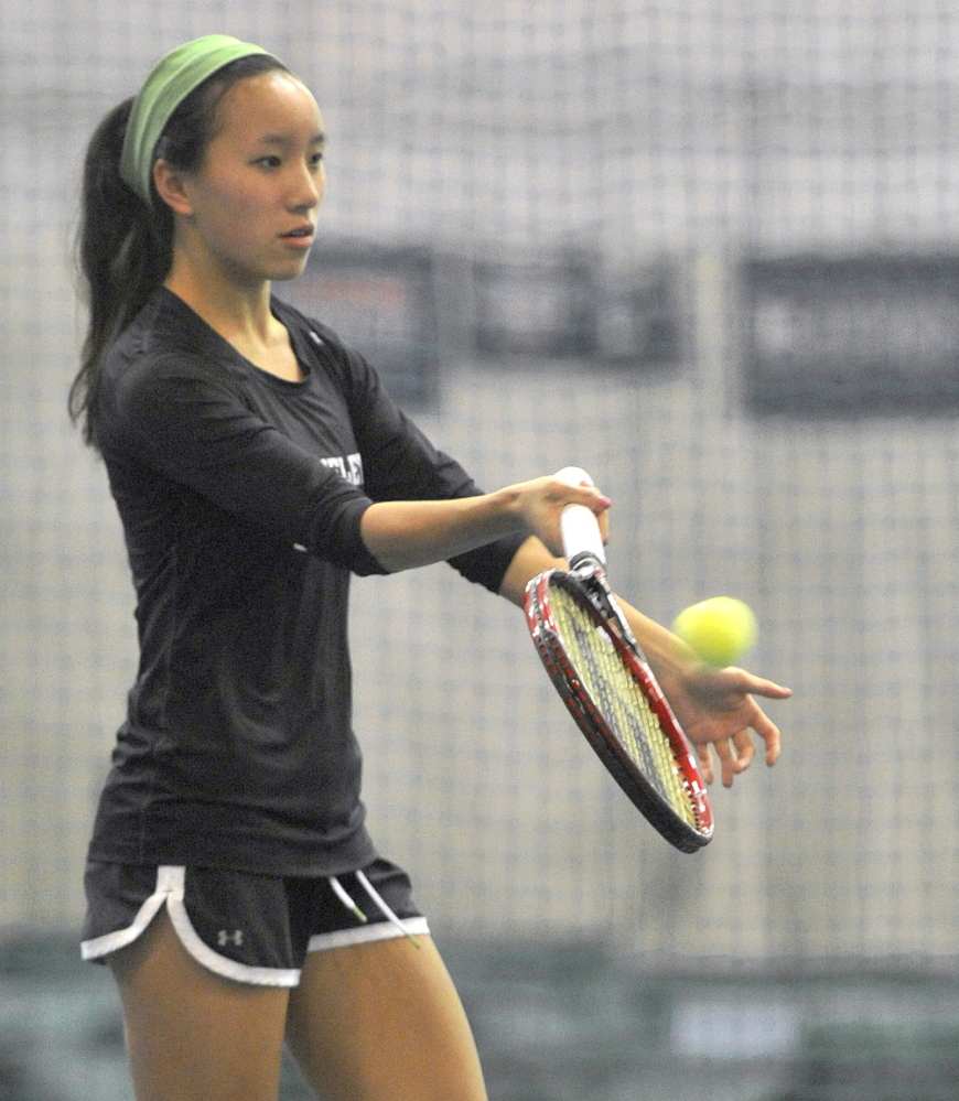 Senior Sophie Raffel is a top player for the Waynflete girls’ tennis team, which held its first practice indoors at Portland’s Racquet and Fitness Club on Monday.