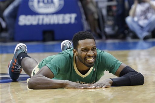 Boston Celtics forward Jeff Green lies on the floor after a turnover during Monday's game against the Dallas Mavericks.