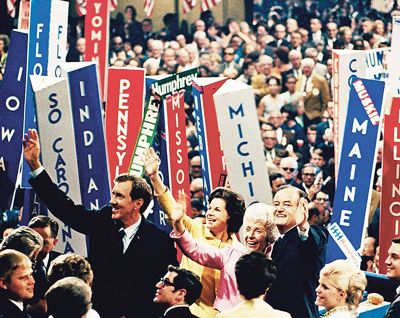 Vice President Hubert Humphrey, right, and his running mate, Sen. Edmund S. Muskie, left, appear with their wives at the Democratic Convention in Chicago after their nomination for president and vice president Aug. 29, 1968.