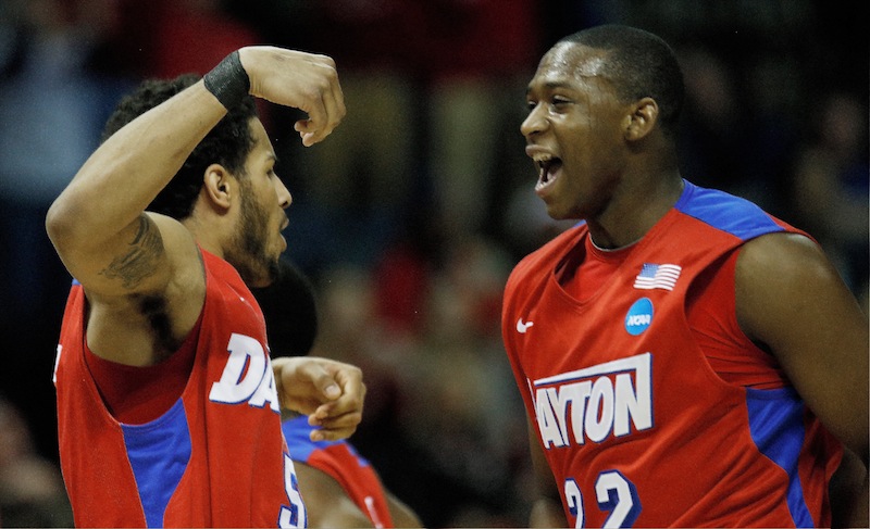 Dayton's forward Devin Oliver, left, and Kendall Pollard celebrate a play against Stanford in their regional semifinal game at the NCAA college basketball tournament Thursday in Memphis, Tenn.