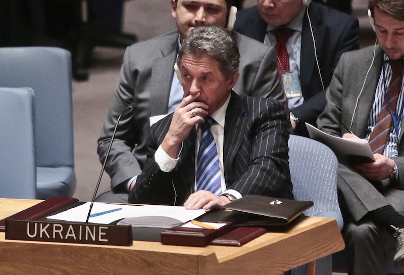 U.N. Ukraine Ambassador Yuriy Sergeyev listens as during a U.N. Security Council meeting on Ukraine, Monday, March 3, 2014 at U.N. headquarters. Ukraine