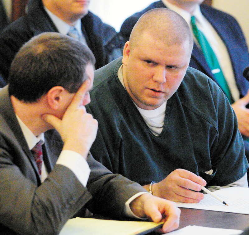 Attorney Kevin Sullivan, left, sits with Peter George Bathgate II during Bathgate’s Jan. 27, 2012, sentencing hearing in Kennebec County Superior Court. On Thursday, Bathgate was back in court asking for the conviction to be vacated and a new trial.