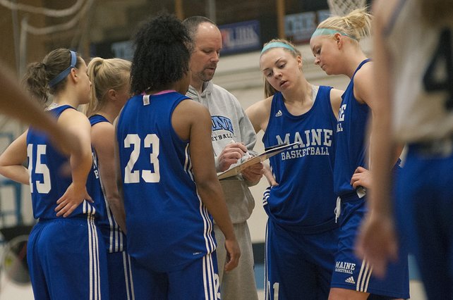 UMaine women's basketball coach Richard Barron calls a play during a practice in Orono earlier this month.
