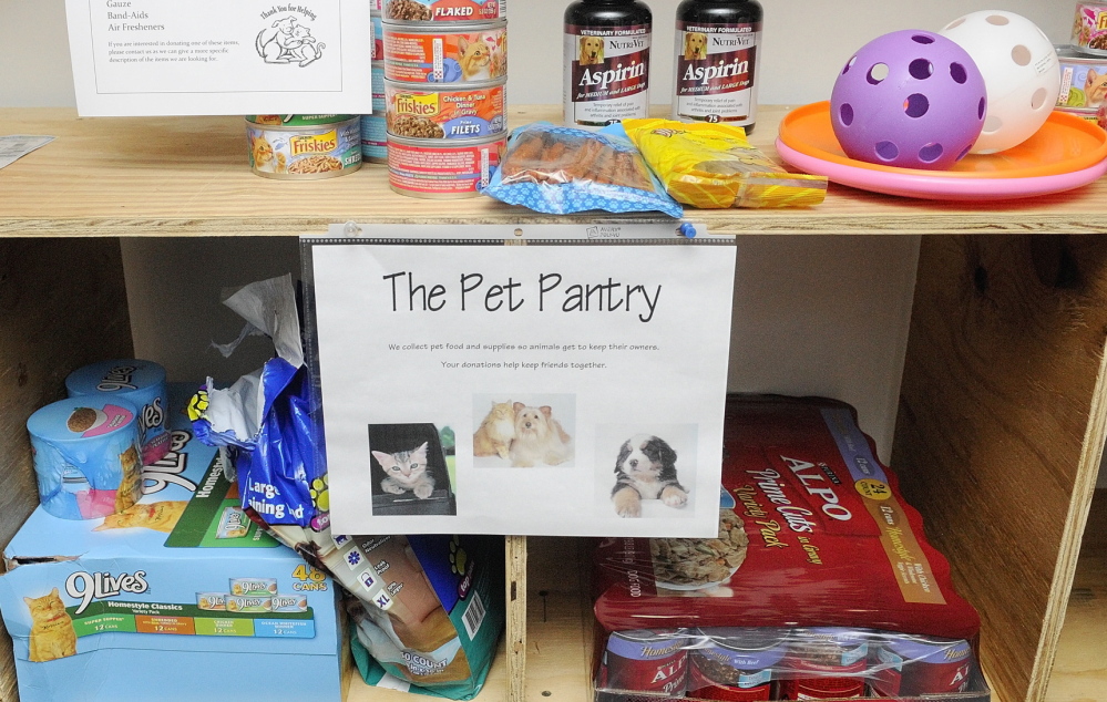 Some of the donated items for the Amy Buxton Pet Pantry are on display in the lobby of South Parish Congregational Church in Augusta.