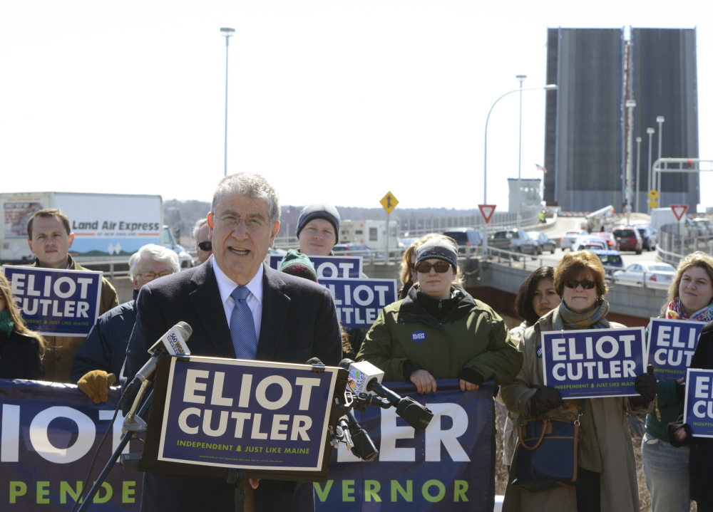 Independent gubernatorial candidate Eliot Cutler speaks during a press conference at Harbor View Memorial Park.