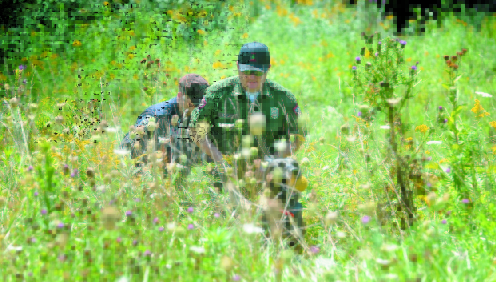 Lt. Kevin Adams, foreground, of the Maine Warden Service, Trooper Shawn Porter, of the Maine State Police, and search dog Myka emerge from the woods Aug. 27 near Skowhegan’s Reddington-Fairveiw General Hospital on Fairview Avenue shortly after finding the body of Vaughn Giggey.