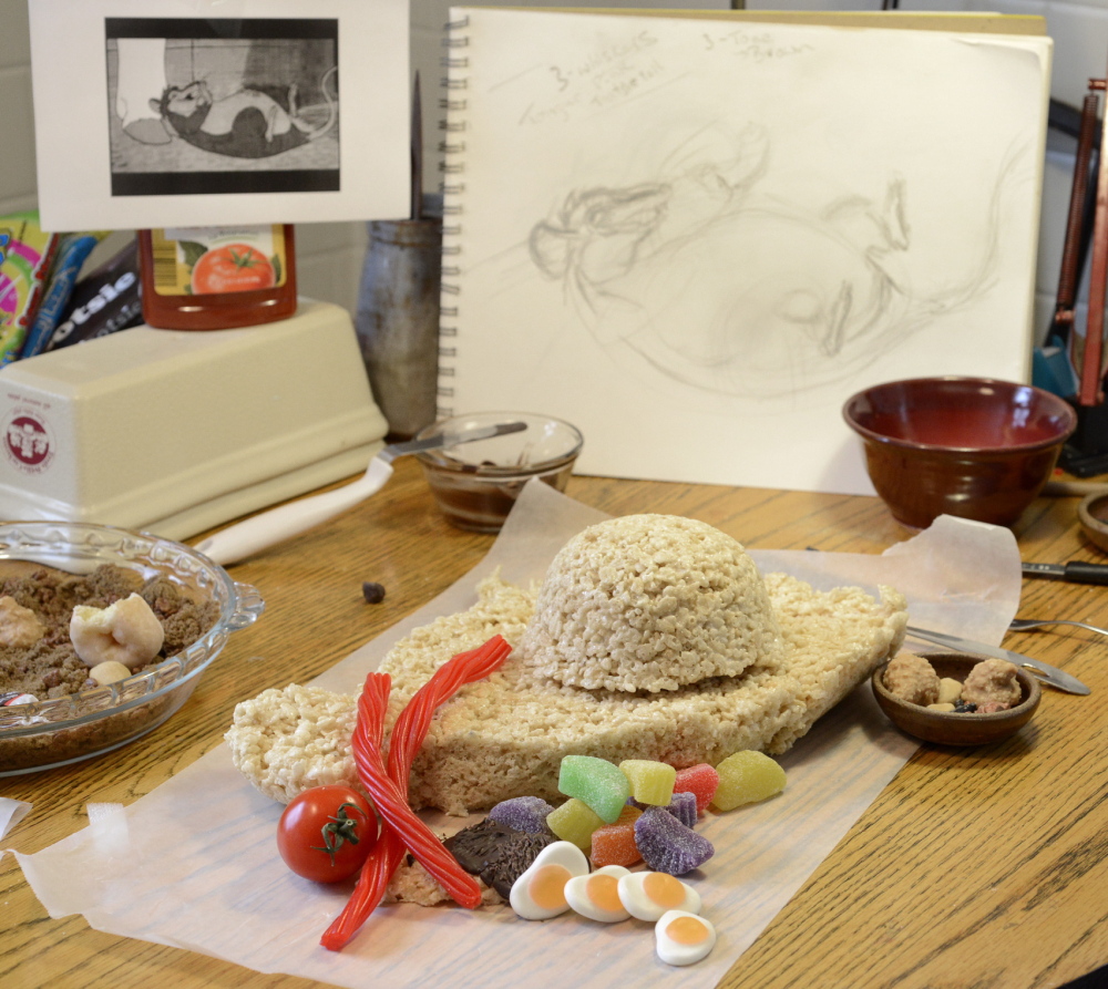 Ingredients for Klotz’s creation include Rice Krispies treats, jellied fried eggs and red licorice.