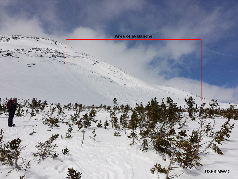 A large avalanche on the southeast slope of the “Summit Cone” of Mount Washington on Saturday affected about 10 acres, and was as deep as 20 feet. It carried down a boulder the size of a small car, according to a snow ranger for the U.S. Forest Service.