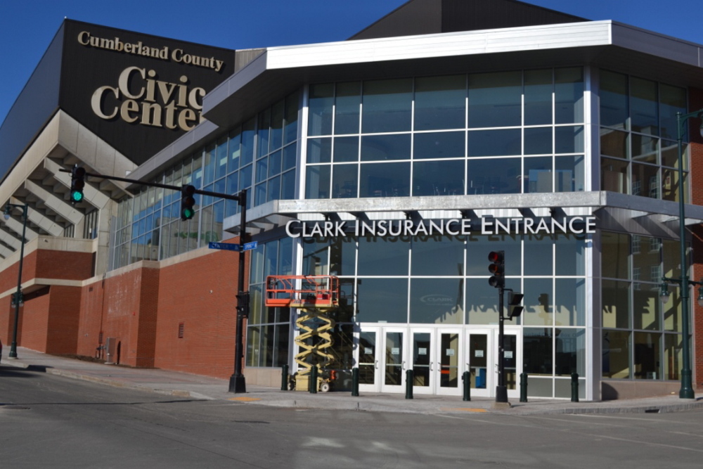 The Clark Insurance name is already up after the company bought naming rights to the Cumberland County Civic Center’s renovated entrance at Spring and Center streets.