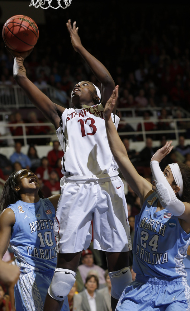 Stanford’s Chiney Ogwumike, shown scoring in Tuesday’s 74-65 win over North Carolina, is a finalist for the John R. Wooden Award.