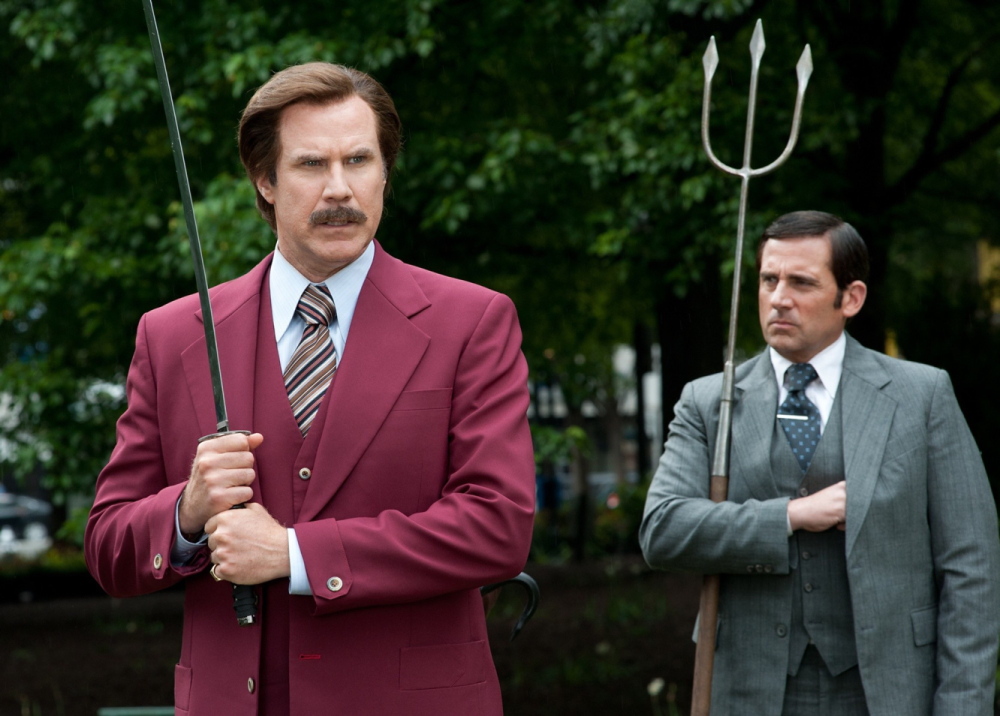 Will Ferrell, left, as Ron Burgundy and Steve Carell as Brick Tamland in “Anchorman 2: The Legend Continues.”
