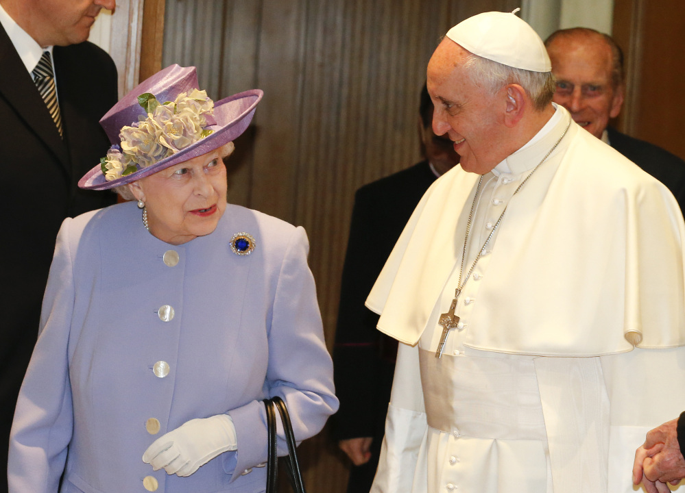 Britain’s Queen Elizabeth II and Pope Francis meet at the Vatican on Thursday.