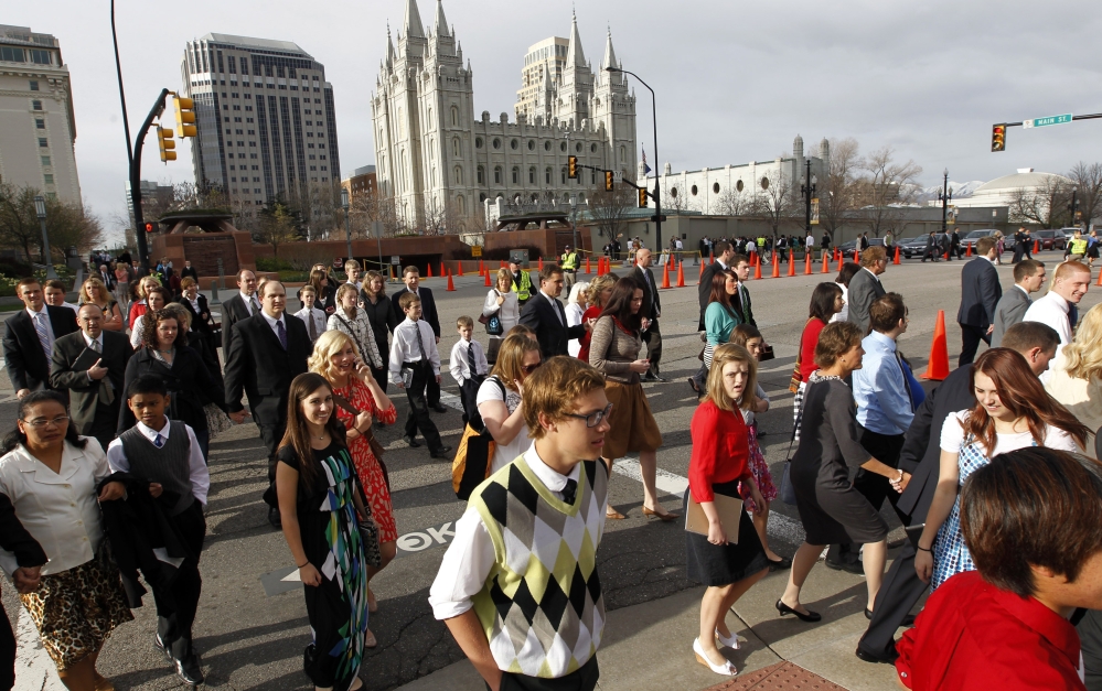 The biannual General Conference of The Church of Jesus Christ of Latter-day Saints, seen above last April, is expected to attract about 100,000 to Salt Lake City this weekend.