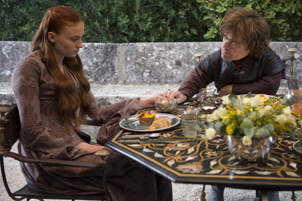 Sophie Turner, left, and Peter Dinklage portray Sansa Stark and Tyrion Lannister.