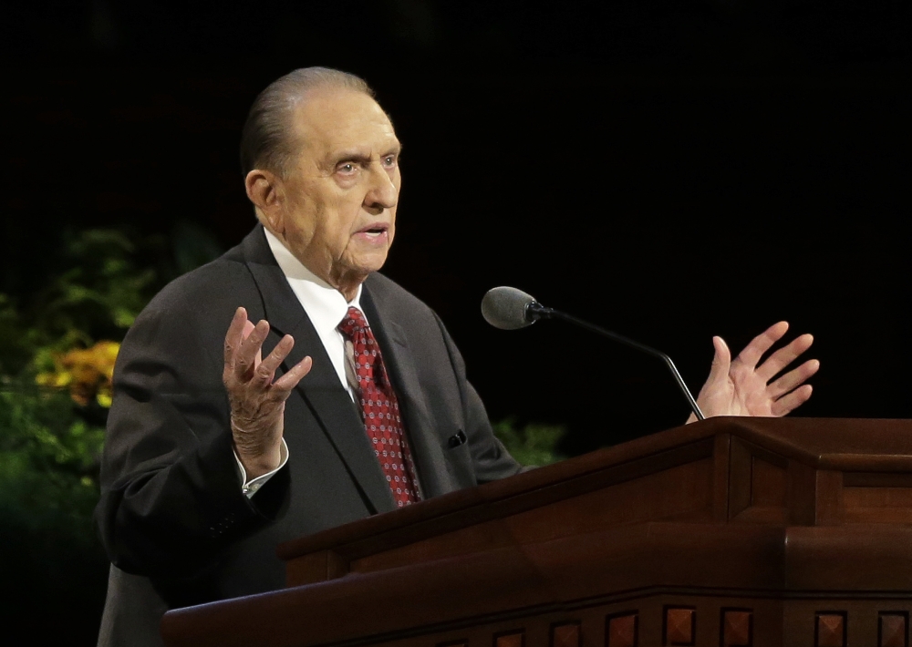 President Thomas S. Monson of The Church of Jesus Christ of Latter-day Saints opens Saturday morning’s session of the 184th annual General Conference of The Church of Jesus Christ of Latter-day Saints by talking about the progress of temple construction around the world.