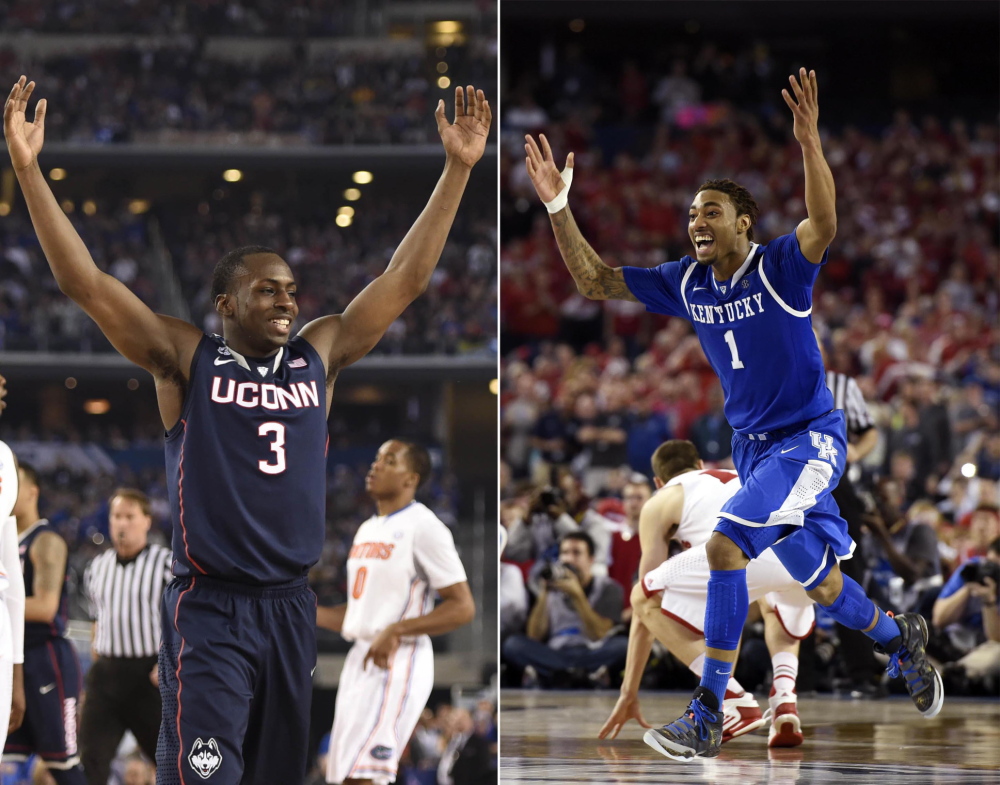 Connecticut and guard Terrence Samuel (3) match up against Kentucky and guard/forward James Young in tonight’s NCAA men’s basketball championship game.