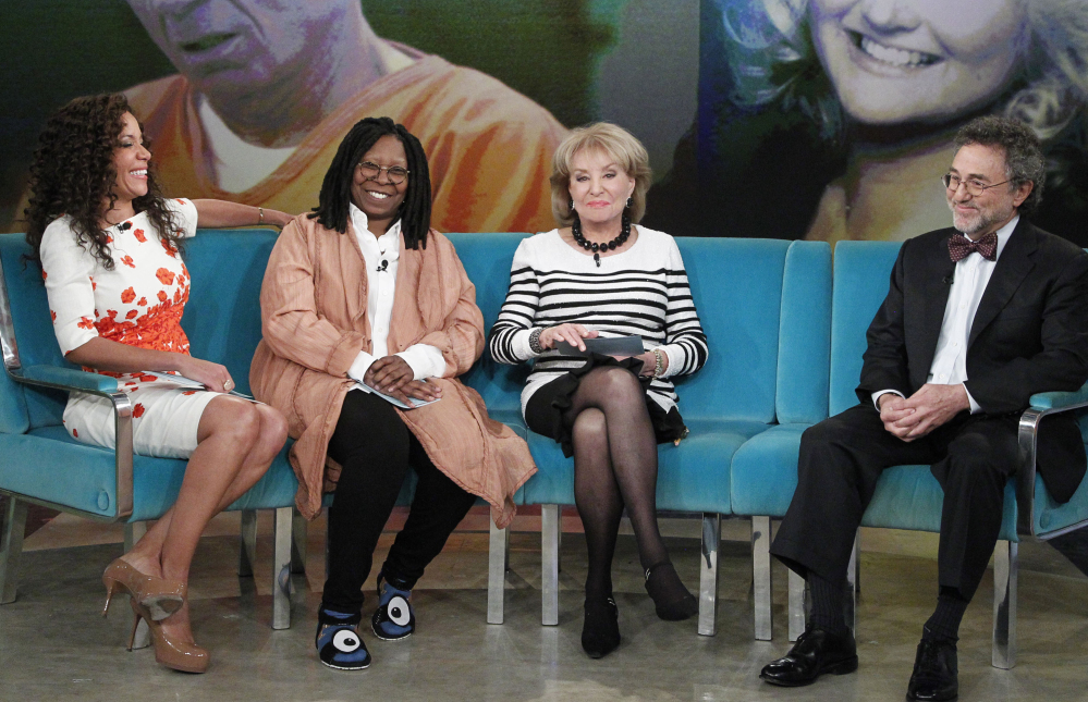 From left, guest co-host attorney Sunny Hostin, co-host Whoopi Goldberg, Barbara Walters and attorney Gerald Schwartzbach appear on “The View” last month. Walters’ last day on the show will be May 16.