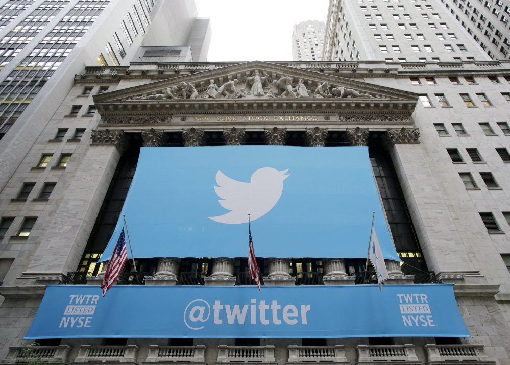 Twitter banners hang on the New York Stock Exchange on Nov. 7, 2013, the day after the company went public. Stocks are down for many technology giants, including Twitter, which is down 35 percent since early March.