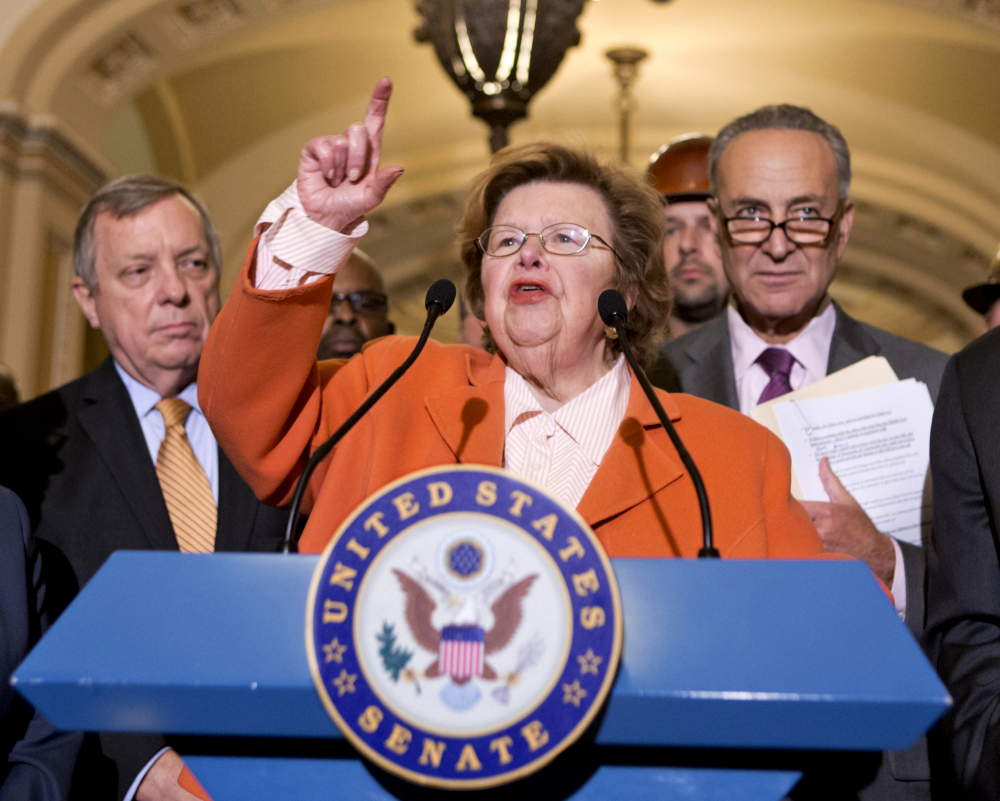 Sen. Barbara Mikulski, D-Md., speaks on Capitol Hill in Washington in 2013. On Thursday, Mikulski said supporters of a bill to curb paycheck discrimination against women were disappointed that Republicans had derailed it, but that they would fight on.