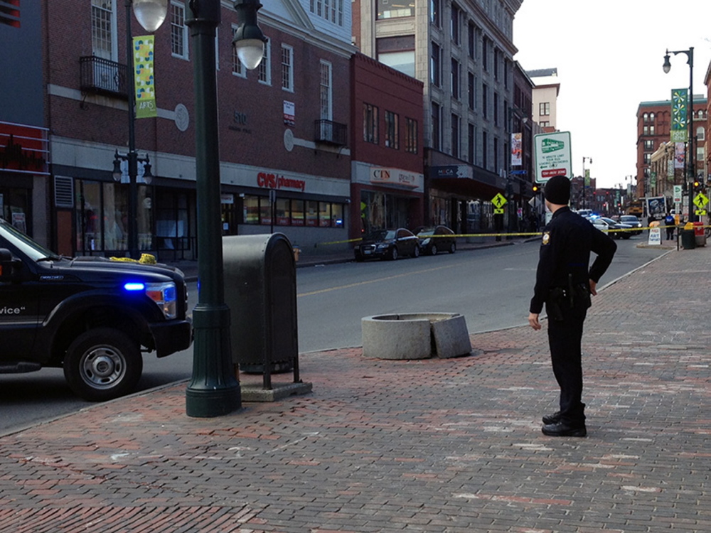Police blocked off Congress Street between Casco and Brown streets Friday morning after a robbery and bomb threat at the CVS drugstore. The road was reopened by 12:30 p.m.