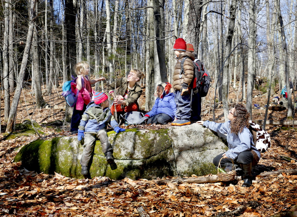 A boulder provides a convenient resting area for the children in White Pine Forest Kindergarten, which connects preschoolers with the outside world.