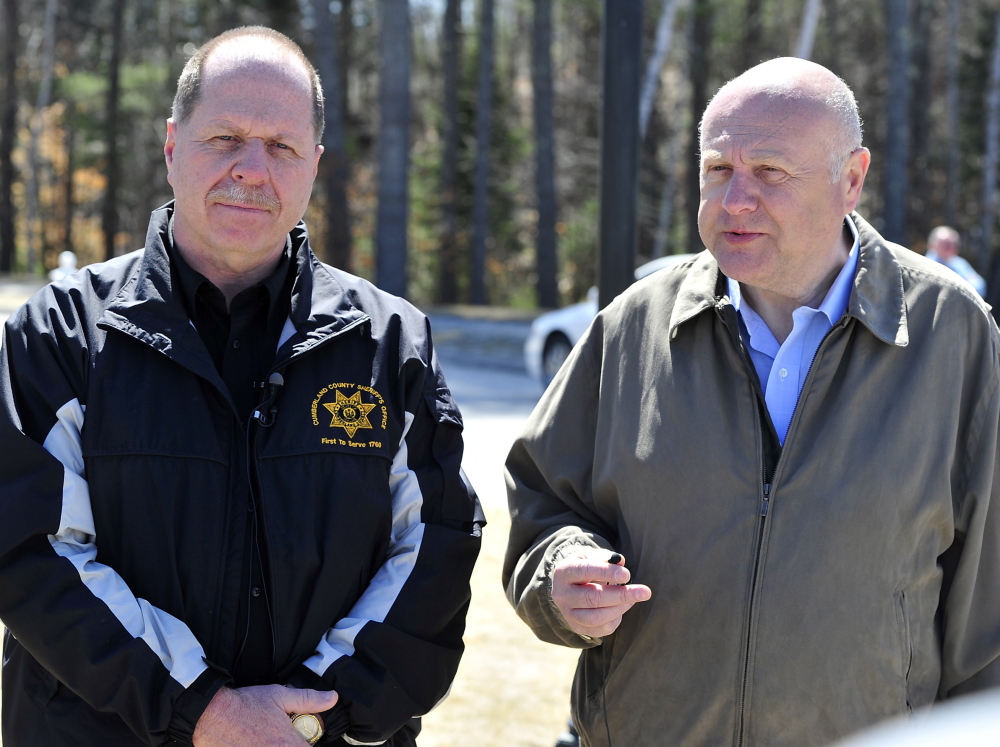 Sheriff Kevin Joyce, left, and Windham Police Chief Rick Lewsen talk to the media about the shooting of Stephen McKenney by a Cumberland County sheriff’s deputy Saturday.