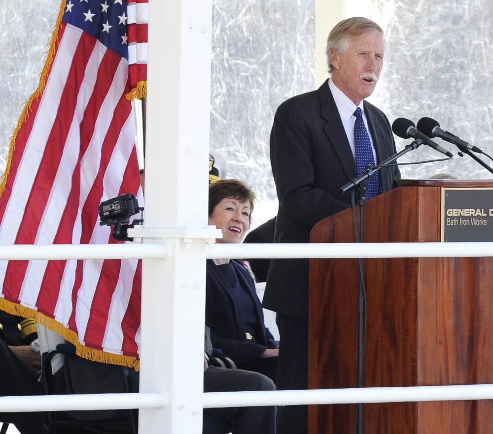Maine Sen. Angus King speaks during the ceremony. Sen. Susan Collins is at left.