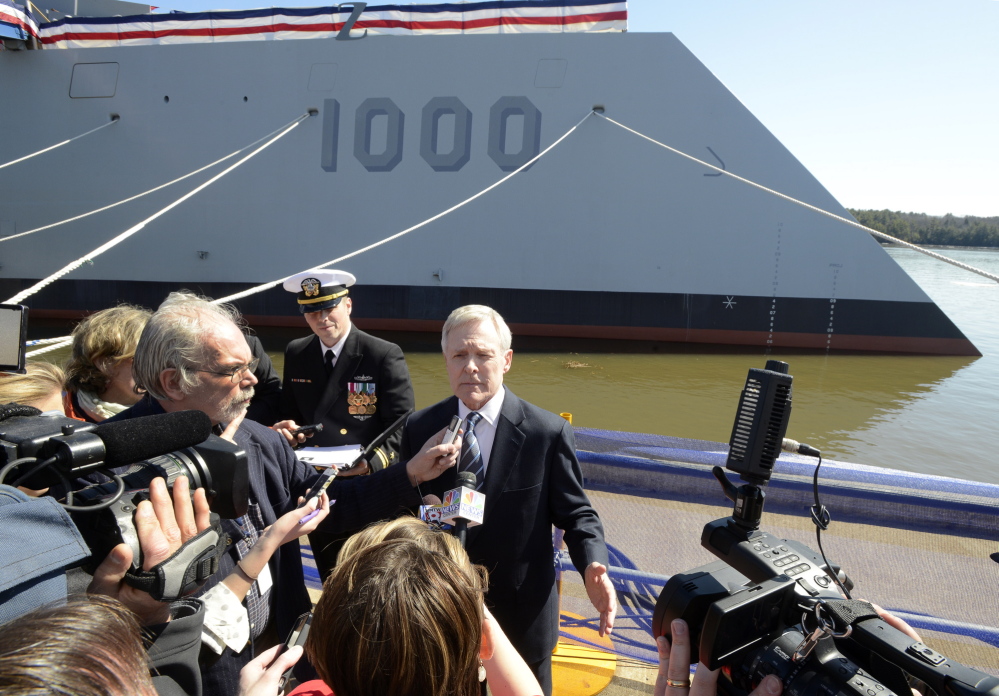 Secretary of the Navy Ray Mabus attends a new conference before the christening.
