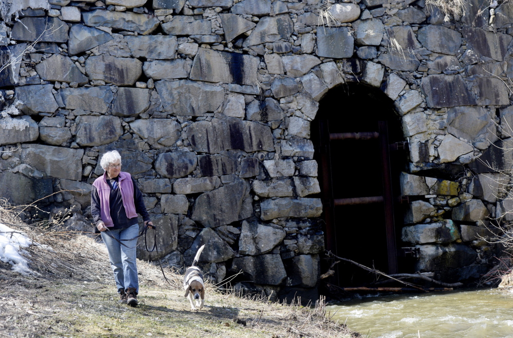 Sue Littlefield walks with her dog Gracie near Stackpole Bridge, which she is working to save as president of a new nonprofit.