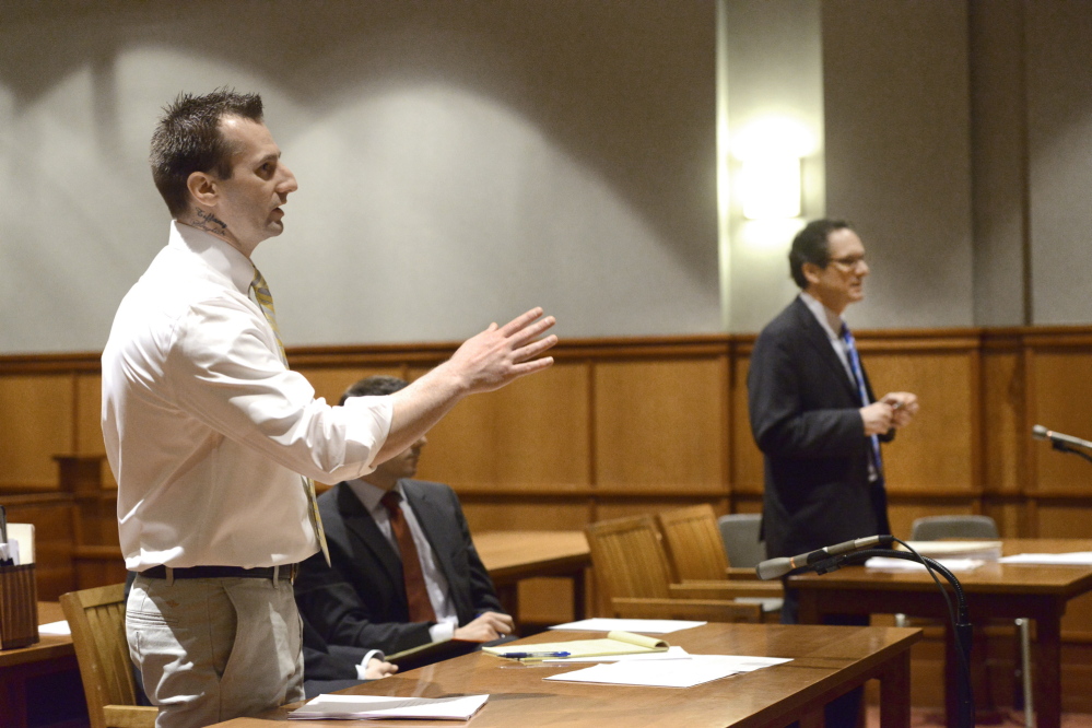Joshua Nisbet addresses Justice Thomas Warren in Cumberland County Unified Criminal Court during the judge’s instructions prior to jury selection. Assistant District Attorney Bud Ellis is in the background.