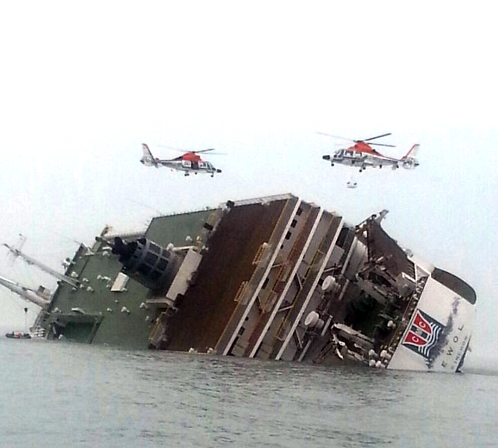 South Korean rescue helicopters fly over a South Korean passenger ship, trying to rescue passengers from the ship in water off the southern coast in South Korea. The ship had 462 people on board, including many high school students.
