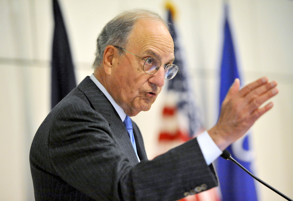 Michael G. Seamans/Morning Sentinel U.S. Sen. George Mitchell introduces former U.S. senator and former majority leader Tom Daschle of South Dakota to deliver the annual George Mitchell International Lecture at Colby College on Wednesday.