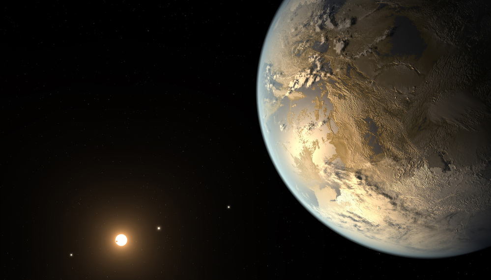 Artist’s rendering shows an Earth-size planet dubbed Kepler-186f orbiting a star 500 light-years from Earth.