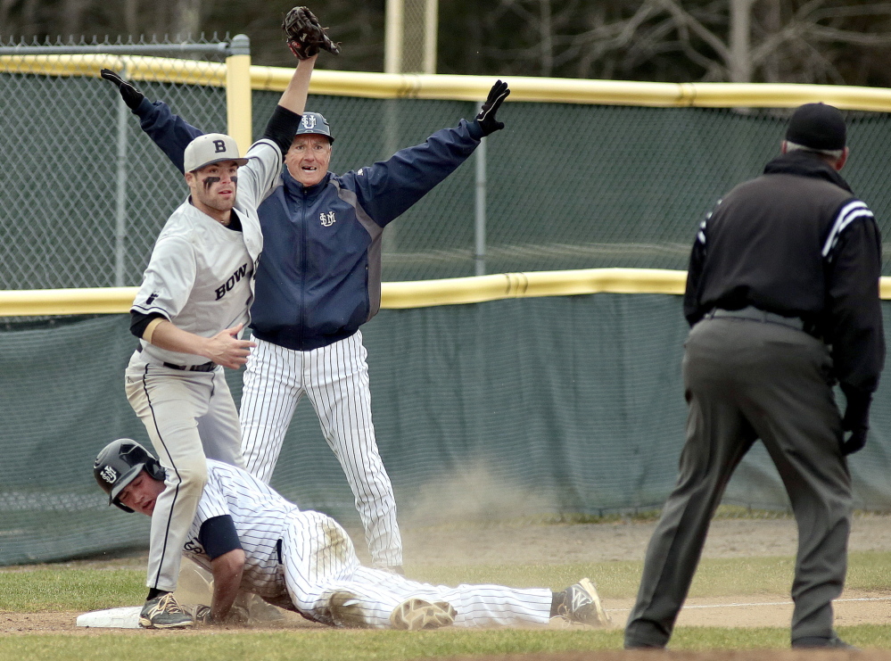 Bowdoin third baseman Sam Canales shows the ball and hopes for an out call. USM Coach Ed Flaherty says safe. The umpire? His decision was out as Chris Bernard attempted to stretch a double to a triple Friday. USM extended its winning streak to eight with a 5-3 victory.