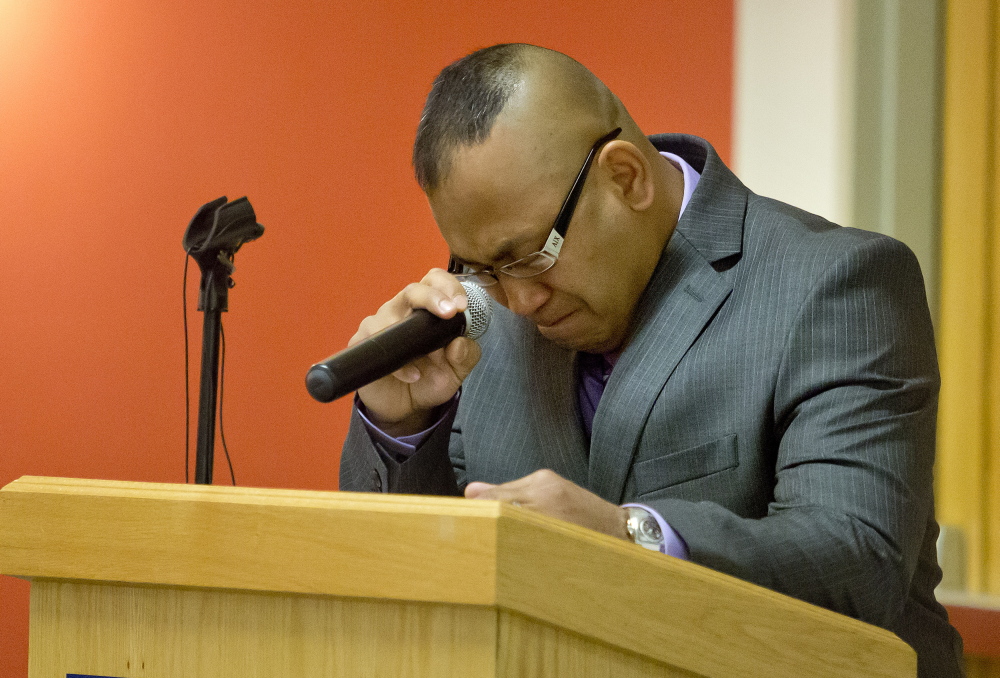 Retired Army Staff Sgt. San Pao struggles to contain his emotions as he speaks at USM’s Wishcamper Center about his fellow soldier, Spc. Chris Gelineau, who was killed in combat in Iraq 10 years ago while serving with the Maine Army National Guard’s 133rd Engineer Battalion.