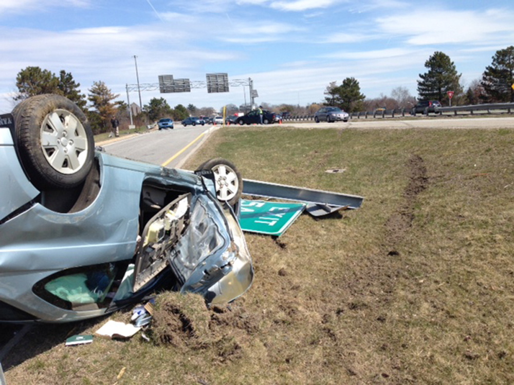 This car overturned when it hit another vehicle during a four-vehicle crash on I-295 in Portland.