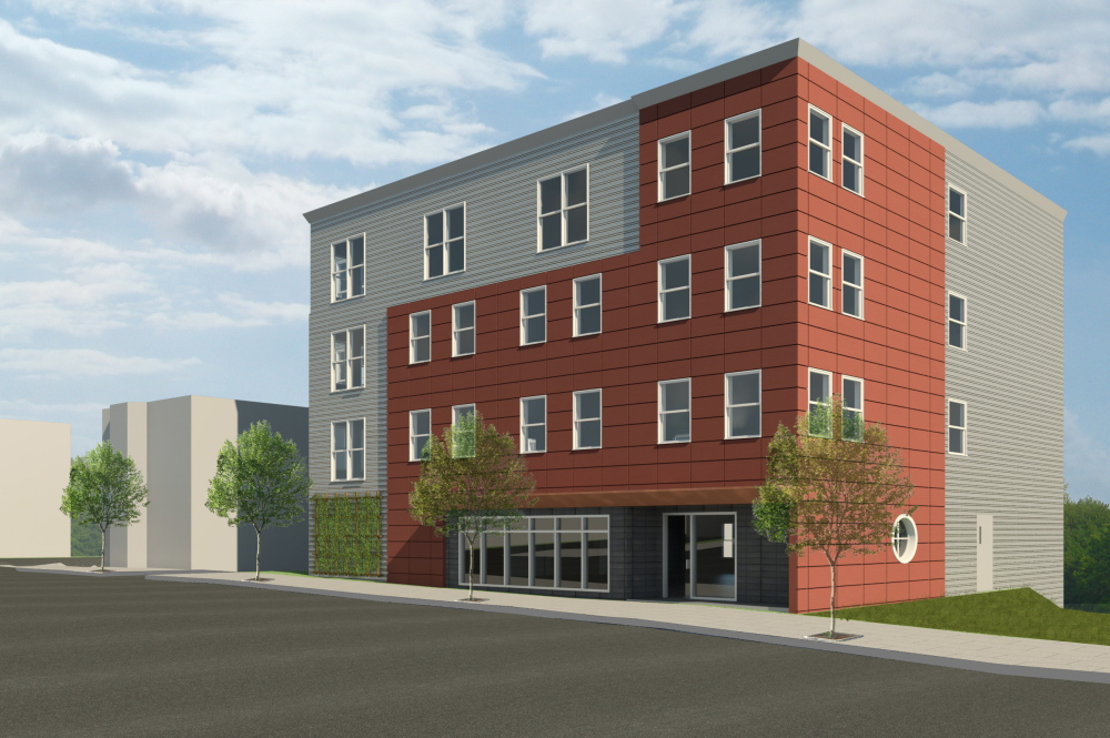 This is an artist’s rendering of the 18-unit complex that Avesta Housing is proposing to build at the site of 134 Washington Ave. in Portland.