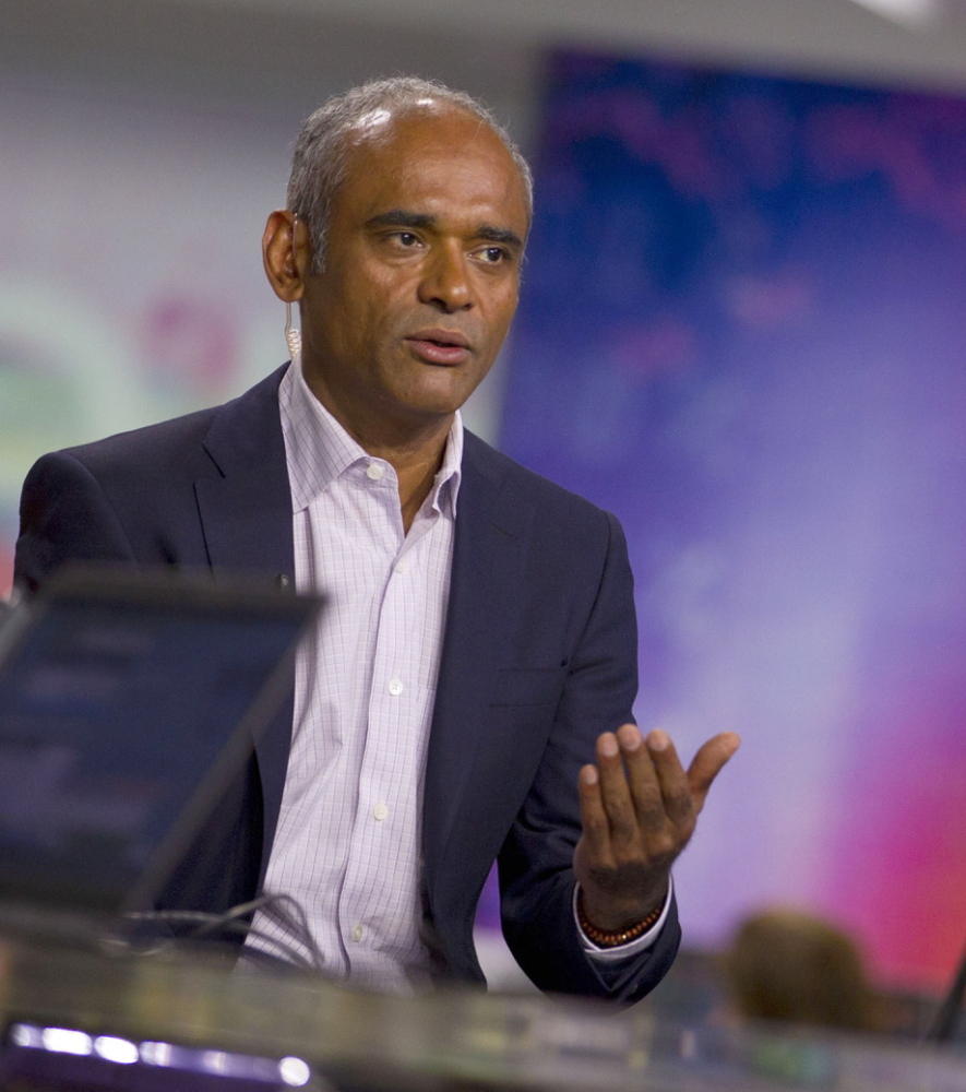 Chet Kanojia, founder of Aereo Inc., is interviewed on Bloomberg Television in New York in 2013. The Internet startup uses thousands of antennas to capture broadcast TV programs, then streams the video online for subscribers in 11 cities, but doesn’t pay licensing fees to the broadcast networks; that has put it at the center of a Supreme Court debate on the reach of copyright laws and the future of television. Illustrates SCOTUS-TV (category a), by Cecilia Kang and Robert Barnes © 2014, The Washington Post. Moved Monday, April 21, 2014. (MUST CREDIT: Bloomberg News photo by Jin Lee)