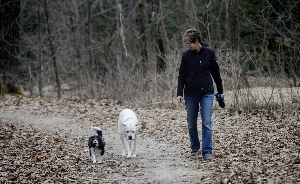 Tammy Riley of Portland walks her dogs Noelle, left, and Sophie off leash during a visit to Baxter Woods on Tuesday. City officials say they want to balance the needs of all of the park’s users.