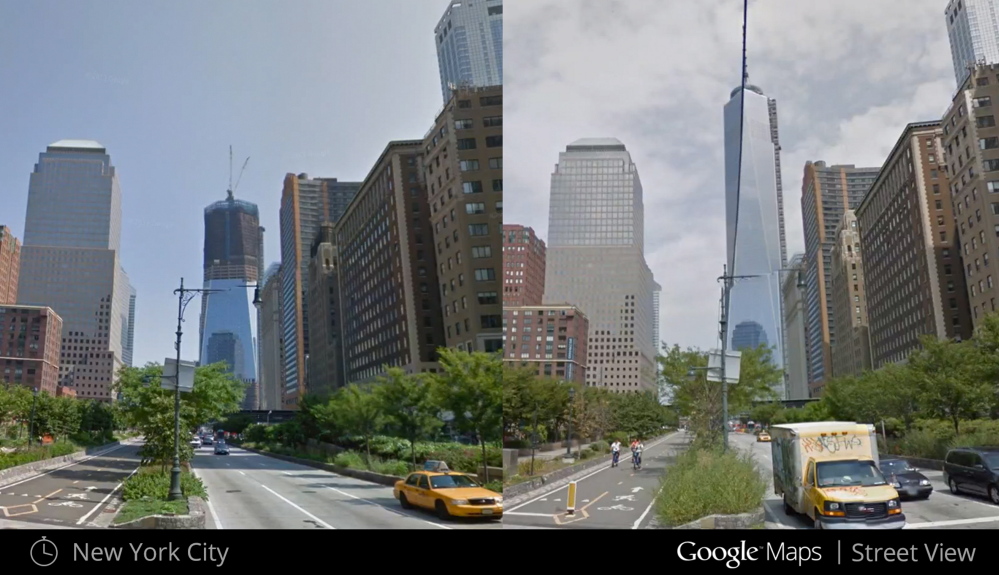 Images from a new Google Maps ‘Street View’ snapshots feature show the progress of construction on One World Trade Center in New York and make it clear that significant change can be seen in some scenes over just seven years.
