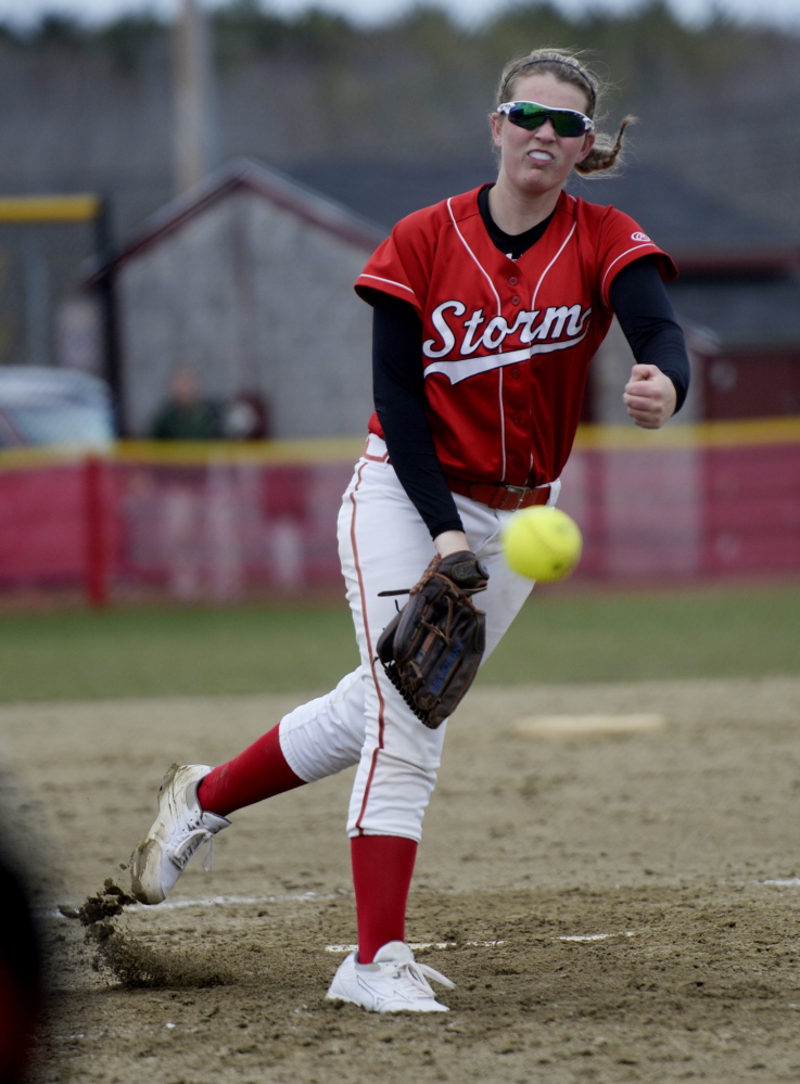 Scarborough pitcher Alyssa Williamson fires the ball to the plate while pitching against Bonny Eagle on Wednesday.