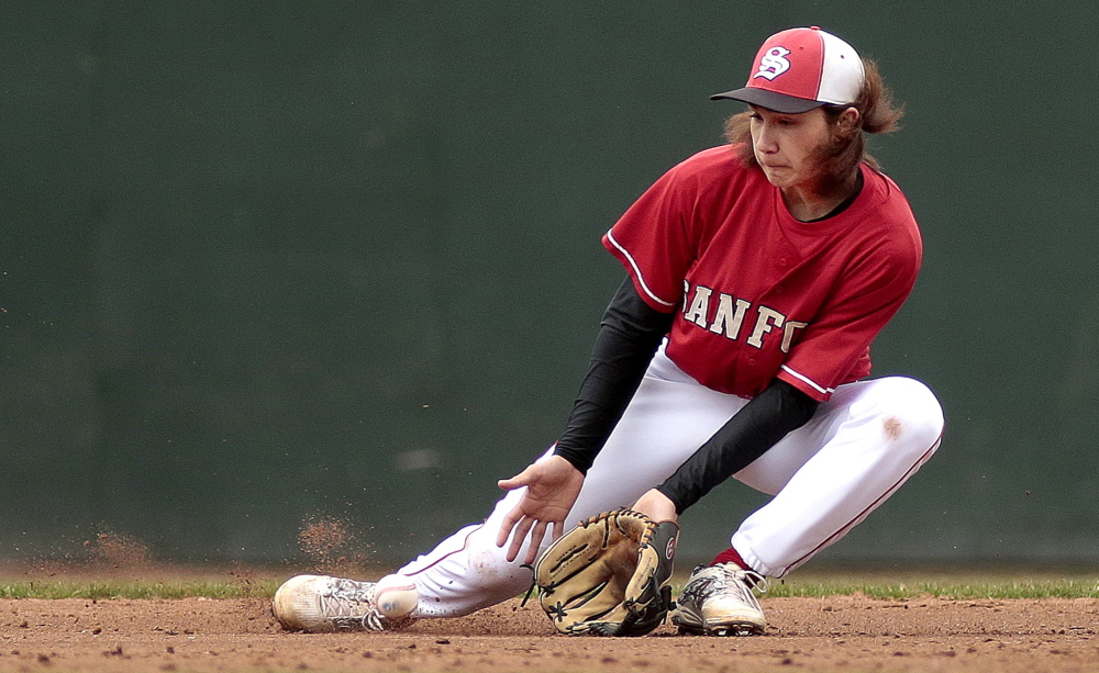 Sanford shortstop Jimmy Parks slides to his right to gain control of a grounder and make the throw to first base Wednesday during the first inning of the 1-0 victory against Portland in an SMAA opener at Hadlock Field.