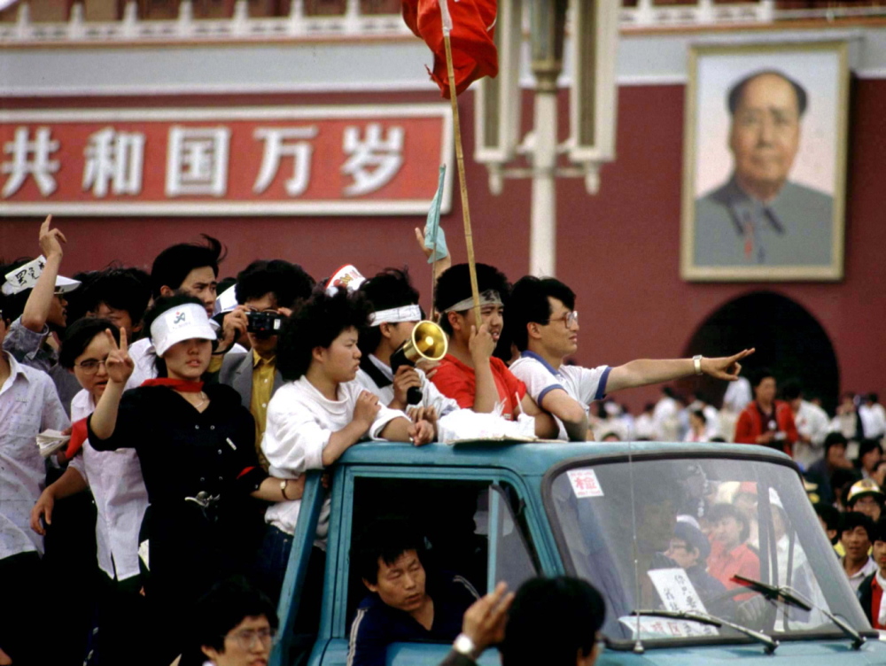 Student protesters arrive at Tiananmen Square to join other pro-democracy demonstrators.