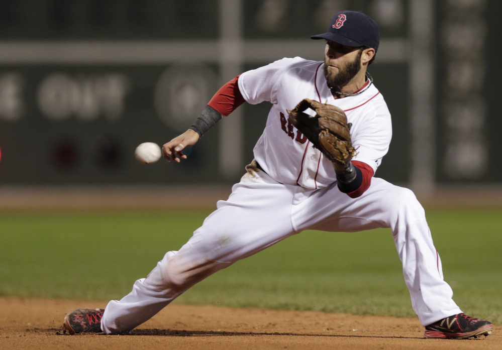 Boston’s Dustin Pedroia fields a grounder by Brian Roberts in the fifth inning Thursday, but an earlier error by the second baseman helped put the Red Sox down early on the way to an embarrassing rout.
