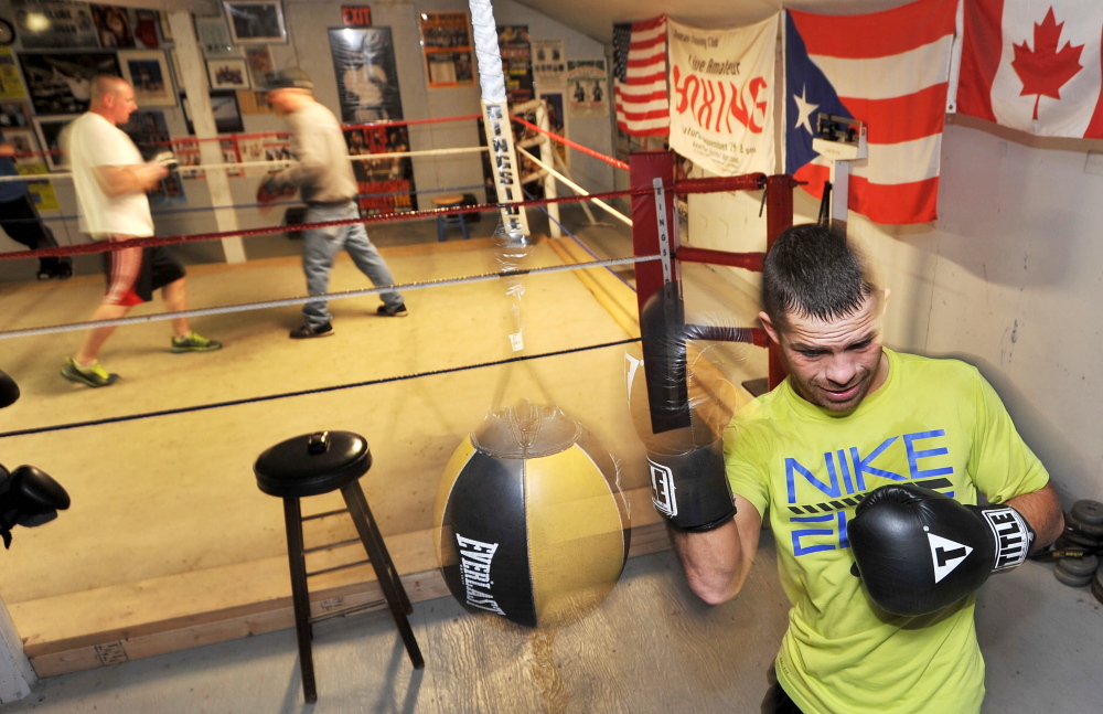 Brandon Berry works out at Wyman’s Boxing Club in Stockton Springs on Wednesday. He is preparing for his fifth professional bout in his first year as a pro, at Carabec High School in North Anson on Saturday night.