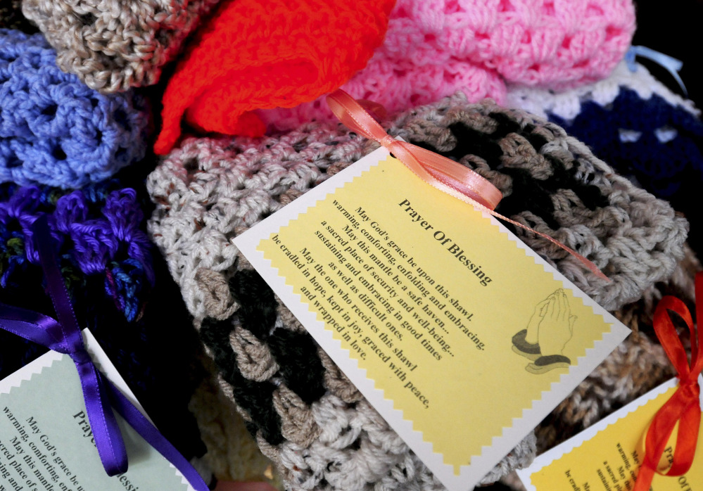 These prayer shawls will be given out by the Holy Family Parish’s Prayer Shawl Ministry in Amesbury, Mass. The ministries exist in all 50 states, offering comfort in times of loss and joy in times of celebration.