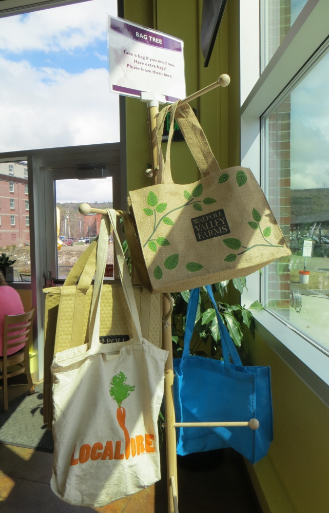 In New Hampshire, Monadnock Food Coop has created a “bag tree” from which people can borrow reusable bags if they forget their own – and return them the next time they shop.