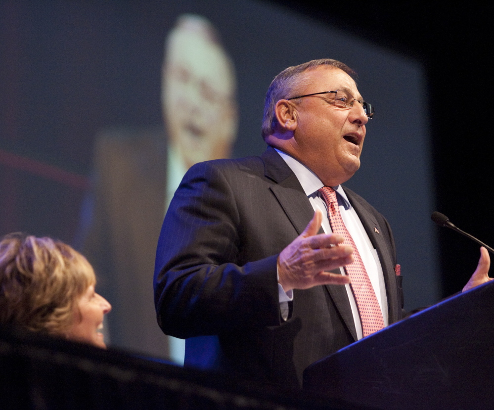 Gov. Paul LePage speaks during the Maine Republican Party convention at the Cross Insurance Center in Bangor on Saturday. LePage reiterated his commitment to economic growth, halting welfare abuse and stopping drug traffic.